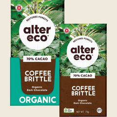 Alter Eco Organic Dark Chocolate Coffee Brittle 70% cacao bar and carton packaging