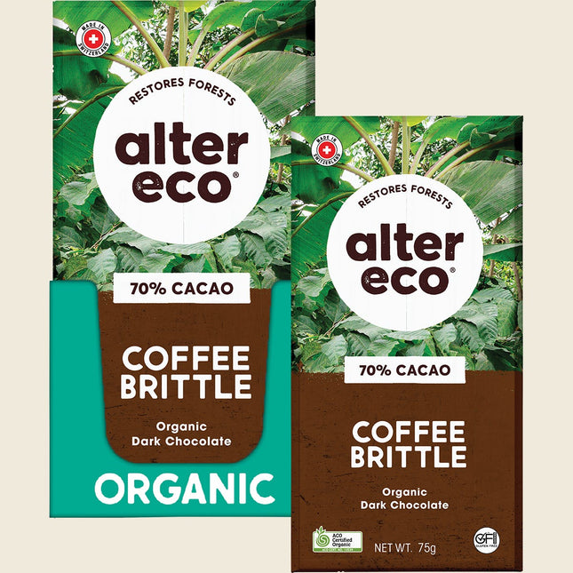Alter Eco Organic Dark Chocolate Coffee Brittle 70% cacao bar and carton packaging