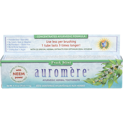Auromere Ayurvedic Herbal Toothpaste Fresh Mint carton, fluoride free with neem and peelu, 4.16 oz (117 g)