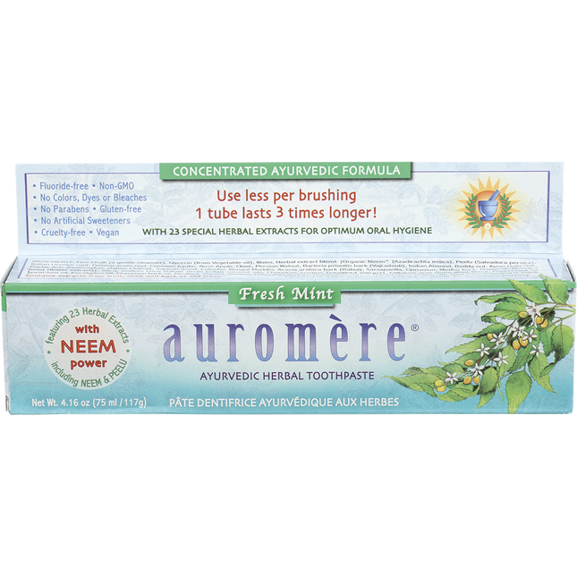 Auromere Ayurvedic Herbal Toothpaste Fresh Mint carton, fluoride free with neem and peelu, 4.16 oz (117 g)