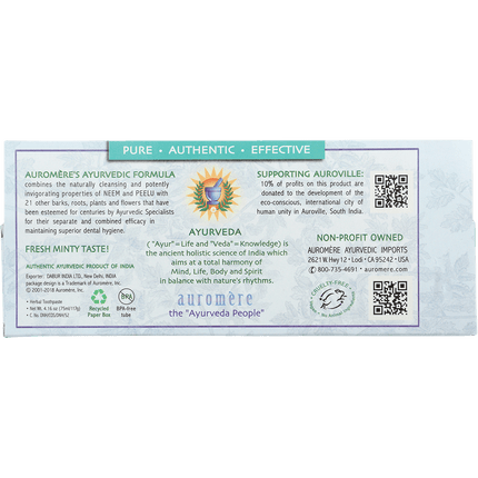 Back of Auromere Fresh Mint ayurvedic toothpaste carton describing the Ayurvedic formula and Auroville support