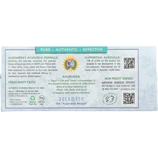 Back of Auromere Fresh Mint ayurvedic toothpaste carton describing the Ayurvedic formula and Auroville support