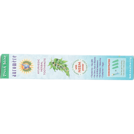 Base of the Auromere Fresh Mint toothpaste carton listing fluoride free, vegan and non-GMO claims