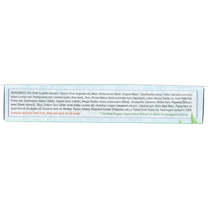 Ingredient list on the top of the Auromere Fresh Mint ayurvedic toothpaste carton