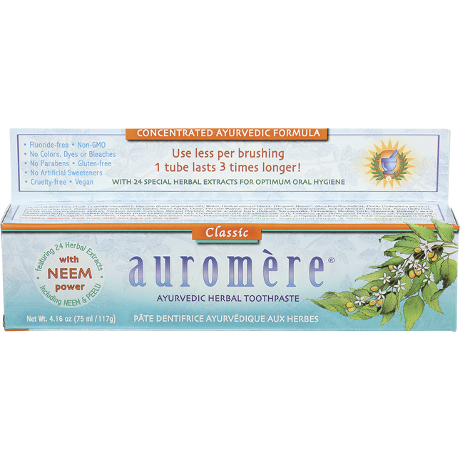 Auromere Classic Ayurvedic Herbal Toothpaste carton with neem power and 24 herbal extracts, 4.16 oz (117 g)
