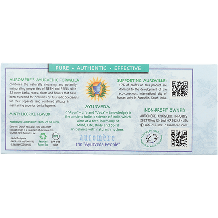 Back of Auromere Classic neem toothpaste carton describing the Ayurvedic formula and Auroville support