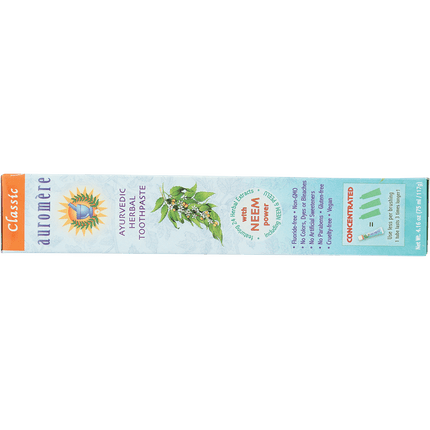 Base of the Auromere Classic toothpaste carton listing fluoride free, vegan and gluten free claims