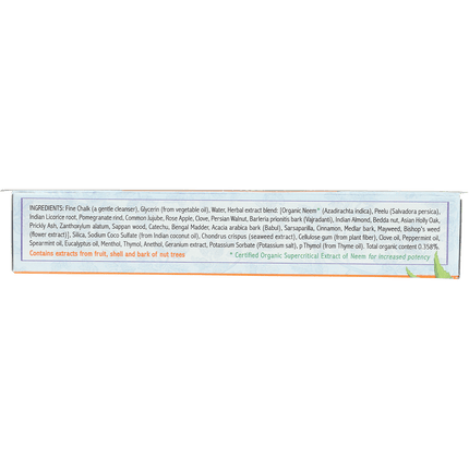 Ingredient list on the top of the Auromere Classic neem toothpaste carton