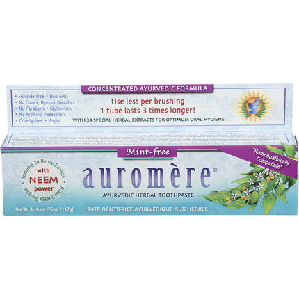 Auromere Mint-free Ayurvedic Herbal Toothpaste carton, fluoride free with neem power, 4.16 oz (117 g)