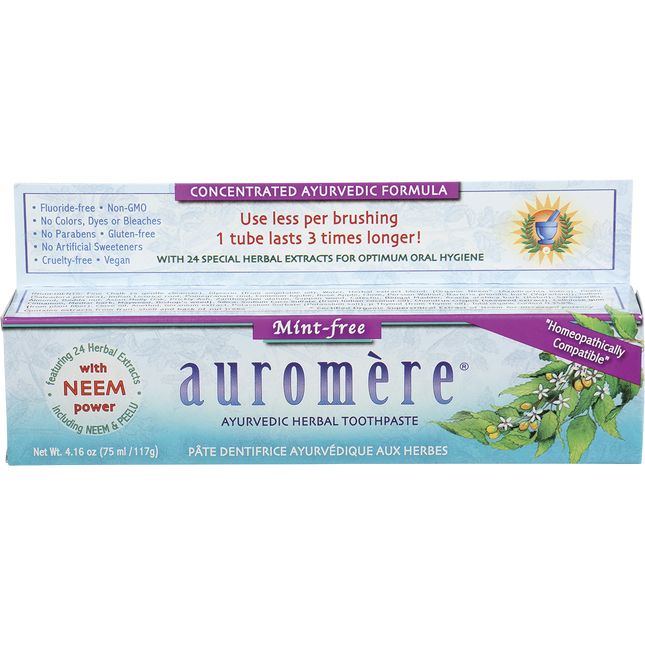 Auromere Mint-free Ayurvedic Herbal Toothpaste carton, fluoride free with neem power, 4.16 oz (117 g)