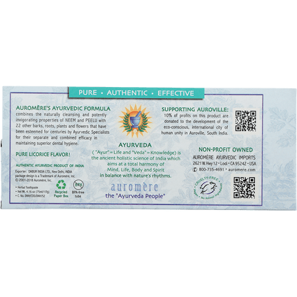 Back of Auromere Mint-free ayurvedic toothpaste carton describing the Ayurvedic formula and Auroville support