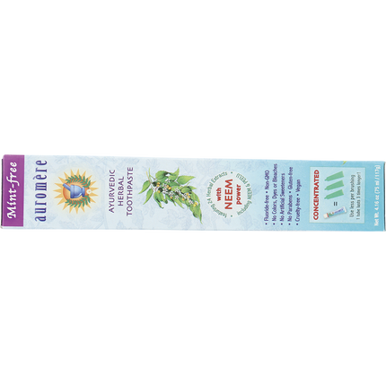 Base of the Auromere Mint-free toothpaste carton listing fluoride free, vegan and gluten free claims