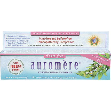 Auromere Foam-free Ayurvedic Herbal Toothpaste carton in cardamom fennel flavour, non-foaming, 4.16 oz (117 g)