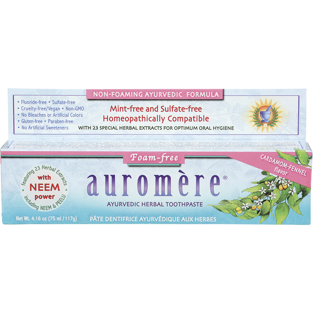 Auromere Foam-free Ayurvedic Herbal Toothpaste carton in cardamom fennel flavour, non-foaming, 4.16 oz (117 g)