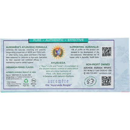 Back of Auromere Foam-free toothpaste carton describing the Ayurvedic formula and Auroville support