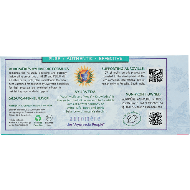Back of Auromere Foam-free toothpaste carton describing the Ayurvedic formula and Auroville support