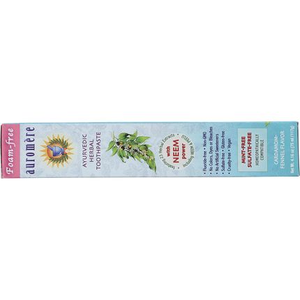 Base of the Auromere Foam-free toothpaste carton listing sulfate-free, mint-free and vegan claims