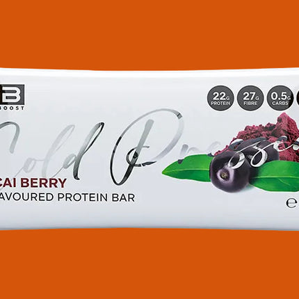 Protein bar packaging with acai berry flavor on a red background