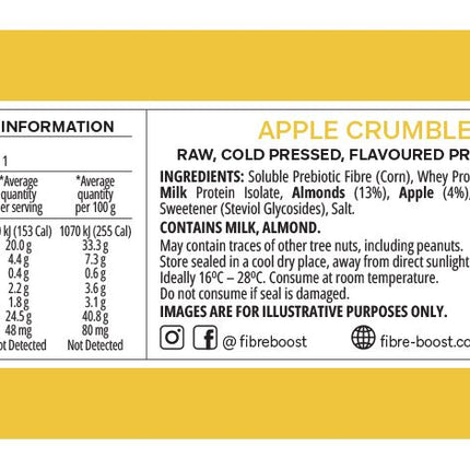 Nutrition information panel for Fibre Boost Apple Crumble protein bar