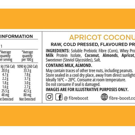 Nutrition information panel for Fibre Boost Apricot Coconut cold pressed protein bar