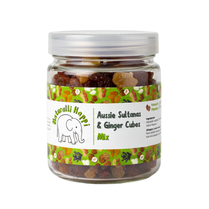 Naturalli Happi Sultanas with ginger cubes in a vibrant package