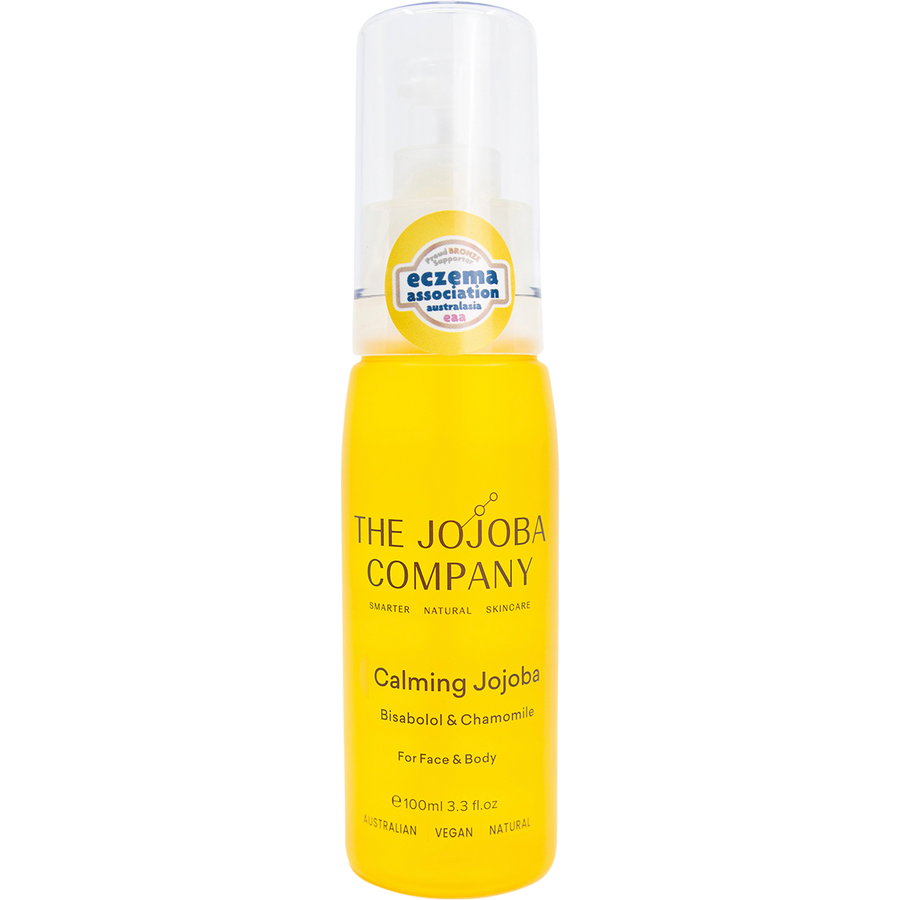 Bottle of Australian calming jojoba oil for face and body hydration and sensitive skin support