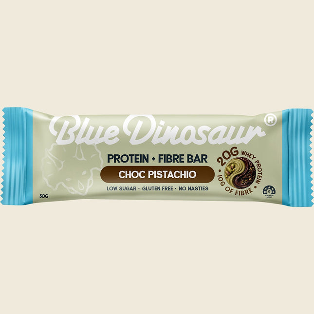 Blue Dinosaur Choc Pistachio Protein + Fibre Bar single pack, low sugar and gluten free