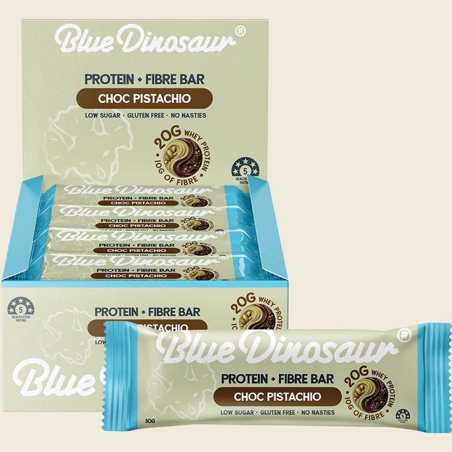 Blue Dinosaur Choc Pistachio Protein + Fibre Bar carton and pack, 20g protein 10g fibre, 12x50g