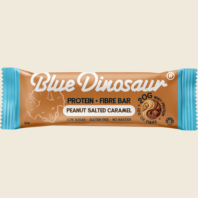 Blue Dinosaur Peanut Salted Caramel Protein + Fibre Bar single pack, low sugar and gluten free