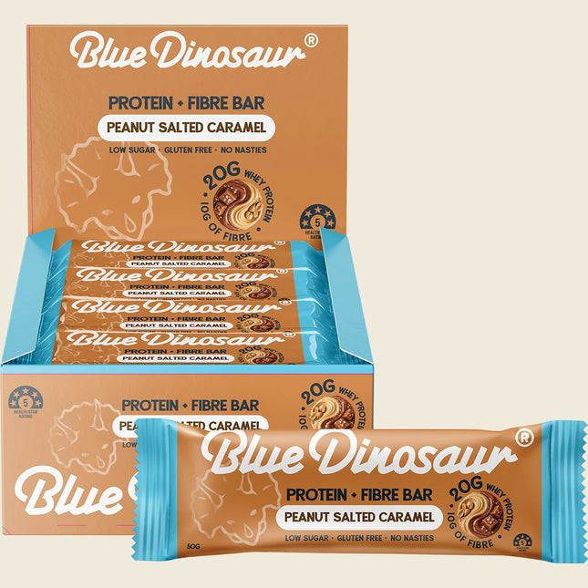 Blue Dinosaur Peanut Salted Caramel Protein + Fibre Bar carton and pack, 20g protein 10g fibre, 12x50g