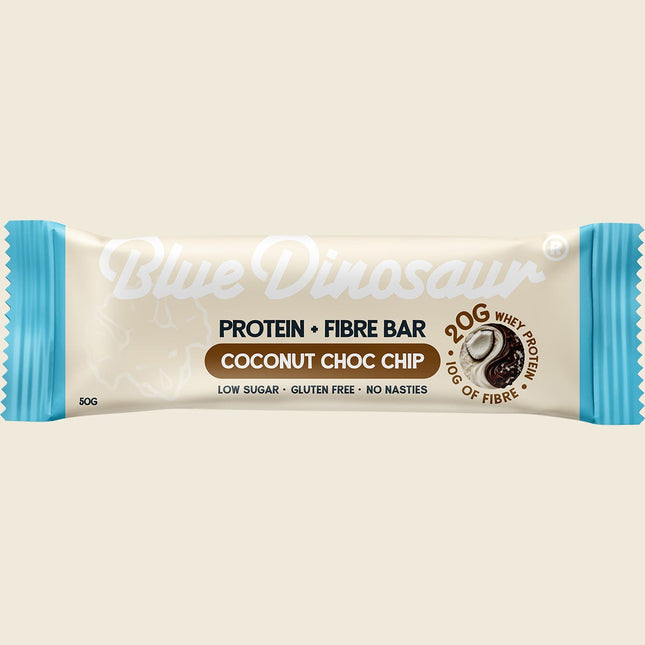 Blue Dinosaur Coconut Choc Chip Protein + Fibre Bar single pack, low sugar and gluten free
