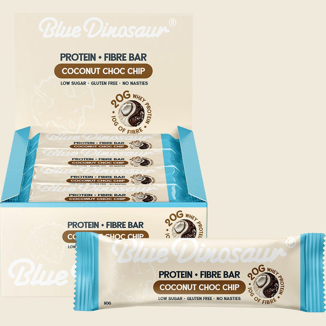 Blue Dinosaur Coconut Choc Chip Protein + Fibre Bar carton and pack, 20g protein 10g fibre, 12x50g