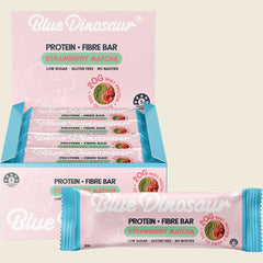 Blue Dinosaur Strawberry Matcha Protein + Fibre Bar carton and pack, 20g protein 10g fibre, 12x50g