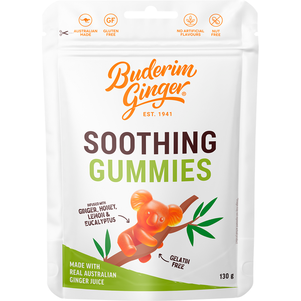 Buderim Ginger Soothing Gummies 130g pouch showing a koala shaped gummy infused with ginger, honey, lemon and eucalyptus
