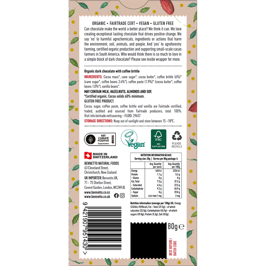 Organic Dark Chocolate 60% Dark Coffee - Back View