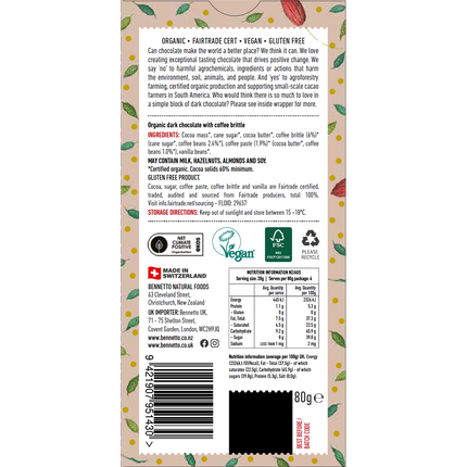 Organic Dark Chocolate 60% Dark Coffee - Back View
