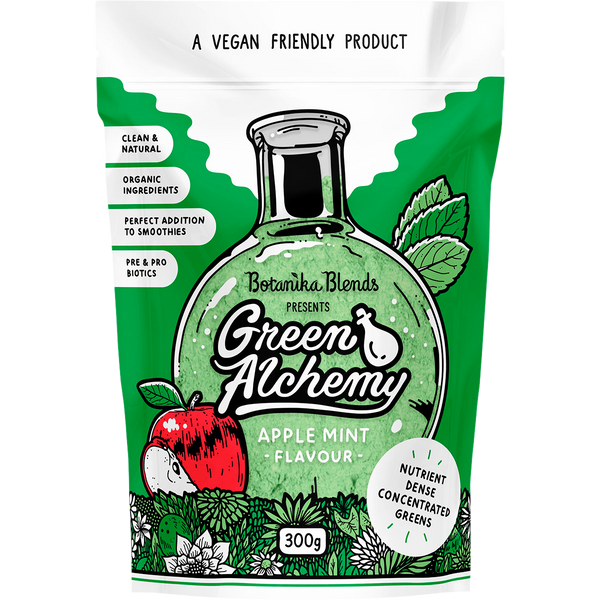 Botanika Blends Green Alchemy Nutrient Dense Greens, Apple Mint flavour, 300g pouch with organic barley grass, wheat grass, spirulina and chlorella