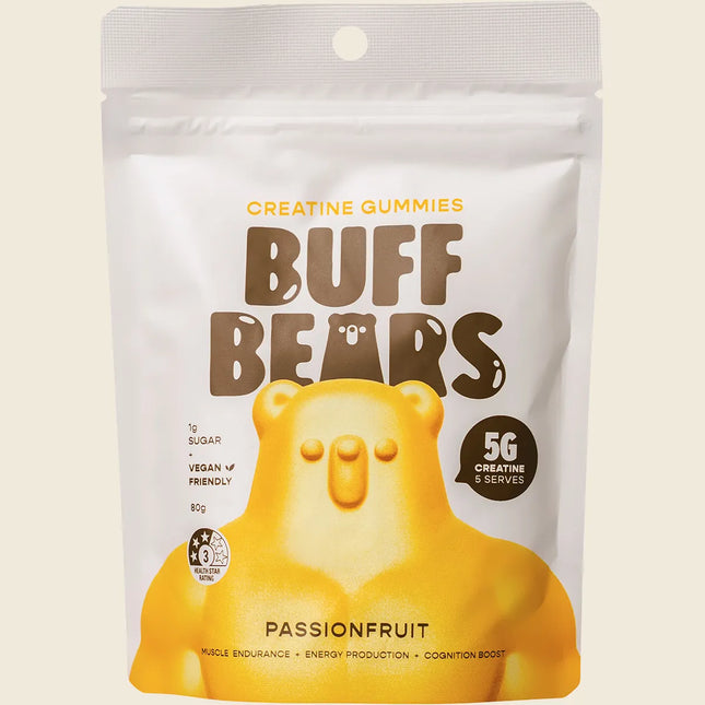 Front of a Buff Bears Passionfruit Creatine Gummies pouch showing 5g creatine per serving, 1g sugar and the vegan friendly badge