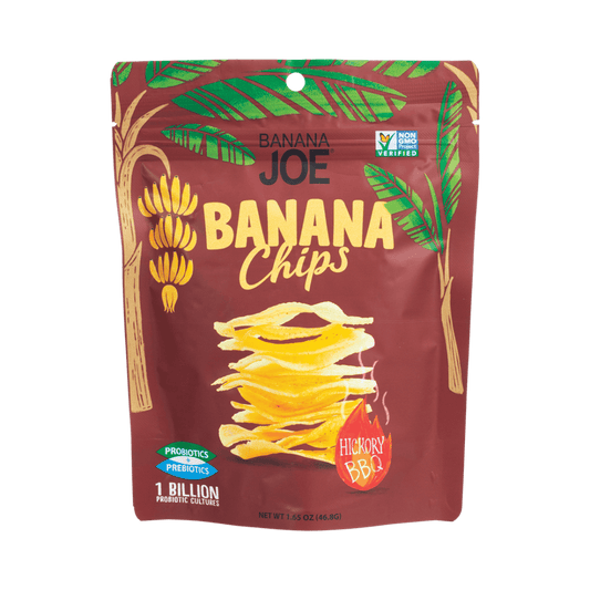 Banana Joe Hickory BBQ Banana Chips pack featuring smoky BBQ flavor and bold packaging.