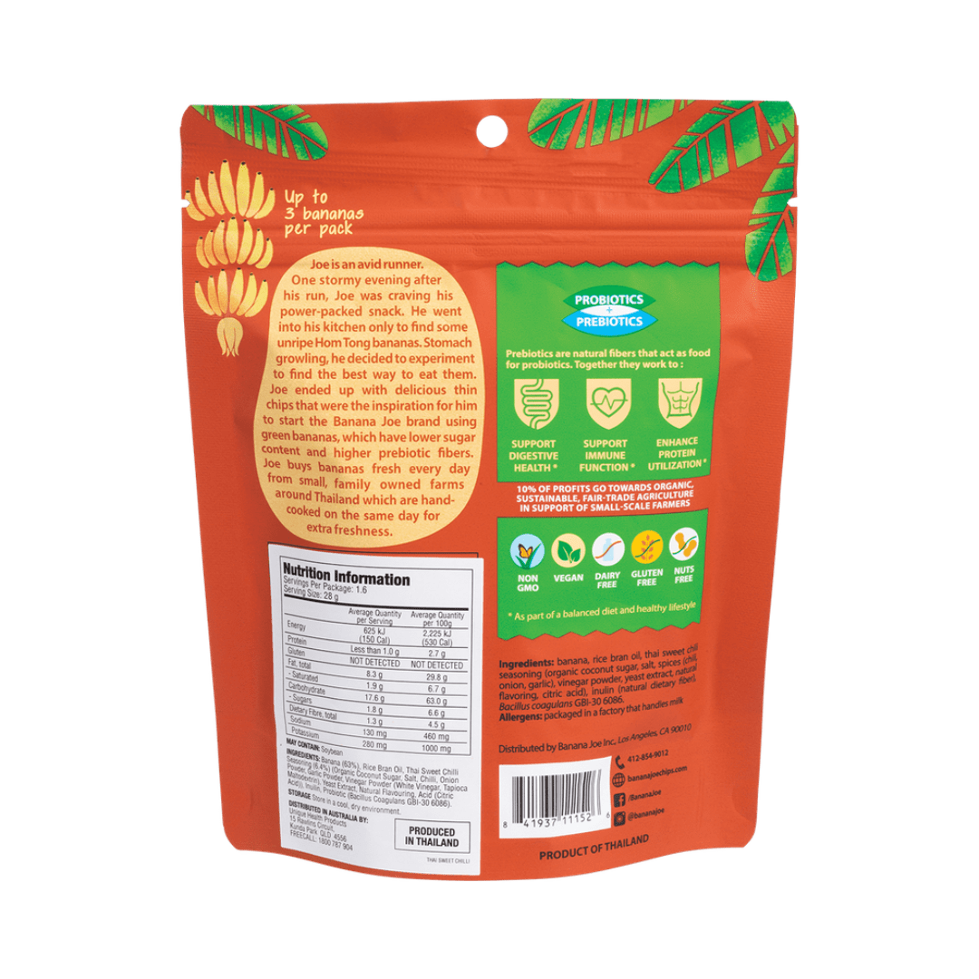 Thai Sweet Chili banana chips on a plate, displaying golden chips and vibrant seasoning specks