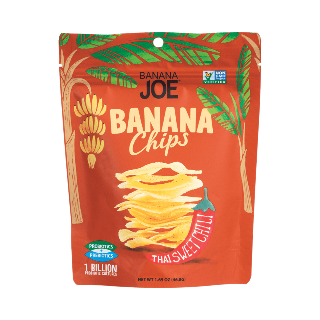 Banana Joe Thai Sweet Chili Banana Chips bag with spicy red accents, showcasing sweet chili flavor
