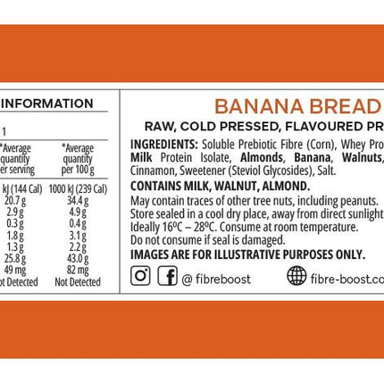 Nutrition information panel for Fibre Boost Banana Bread cold pressed protein bar