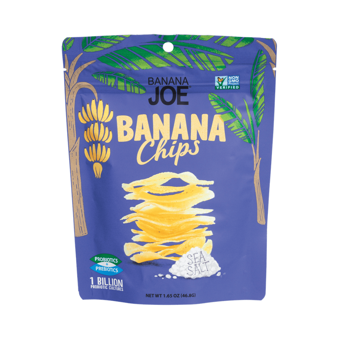 Pack of Banana Joe Sea Salt Banana Chips, showing the front packaging with fresh banana slices and sea salt