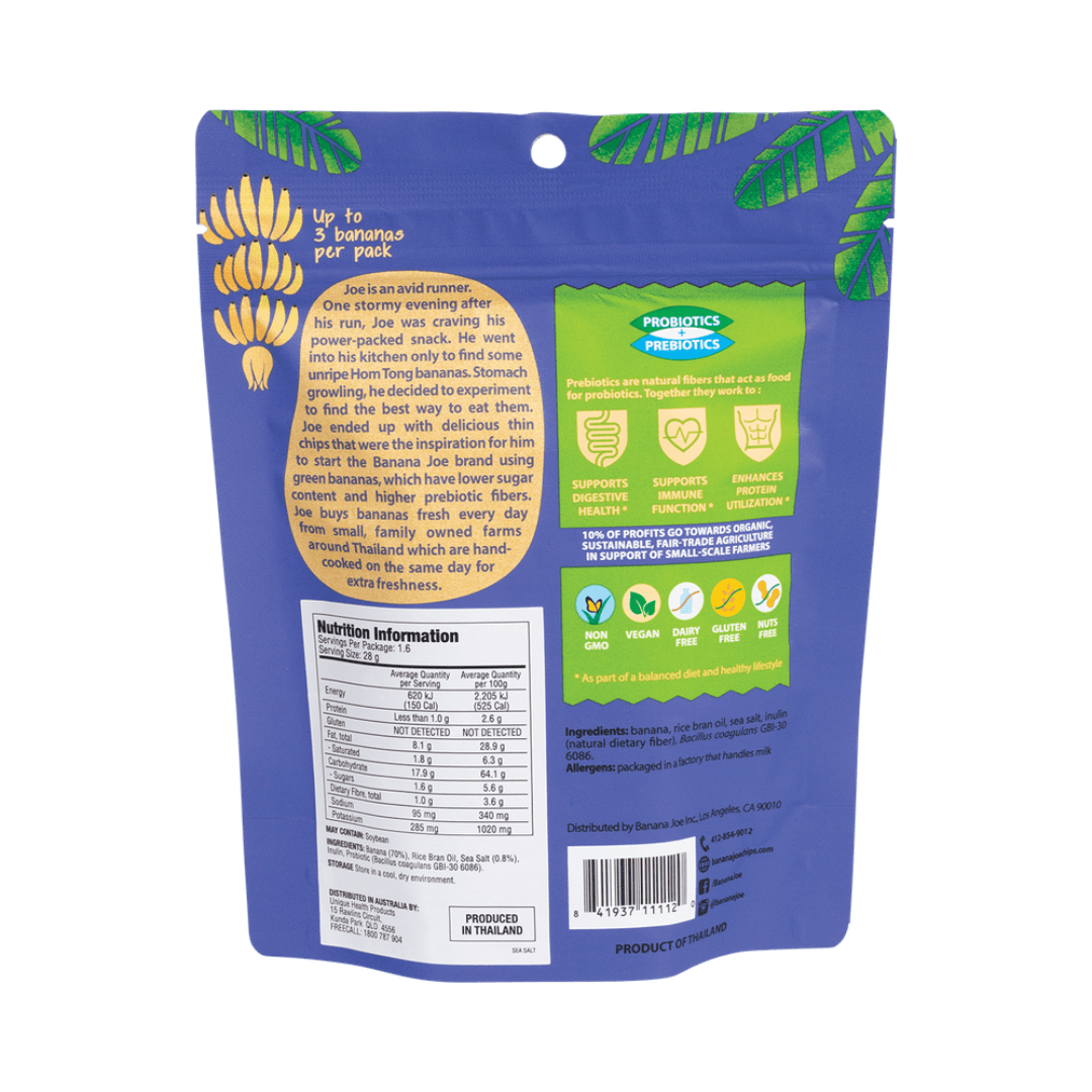 Close-up of crispy, crunchy Banana Joe banana chips lightly salted, displayed on a wooden surface.