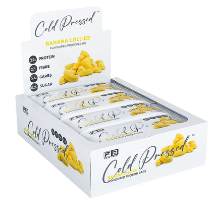 Box of 'Cold Pressed' banana protein bars on a white background