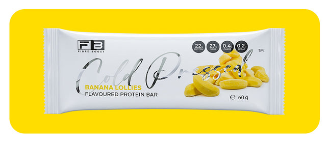 Fibre Boost Banana Lollies flavoured cold pressed protein bar packaging close-up