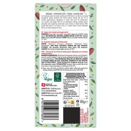 Nutrition label of Bennetto Organic Dark Chocolate Dark Mint 80g