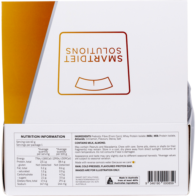 Back of a protein bar packaging with 'Smartiet Solutions' branding and nutrition information.