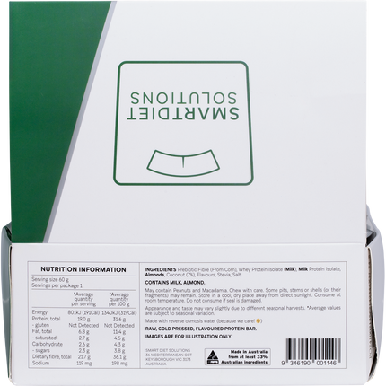 Smart Diet Solutions protein bar packaging with nutrition information on a white background