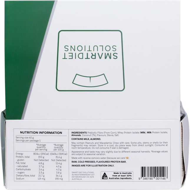 Smart Diet Solutions protein bar packaging with nutrition information on a white background